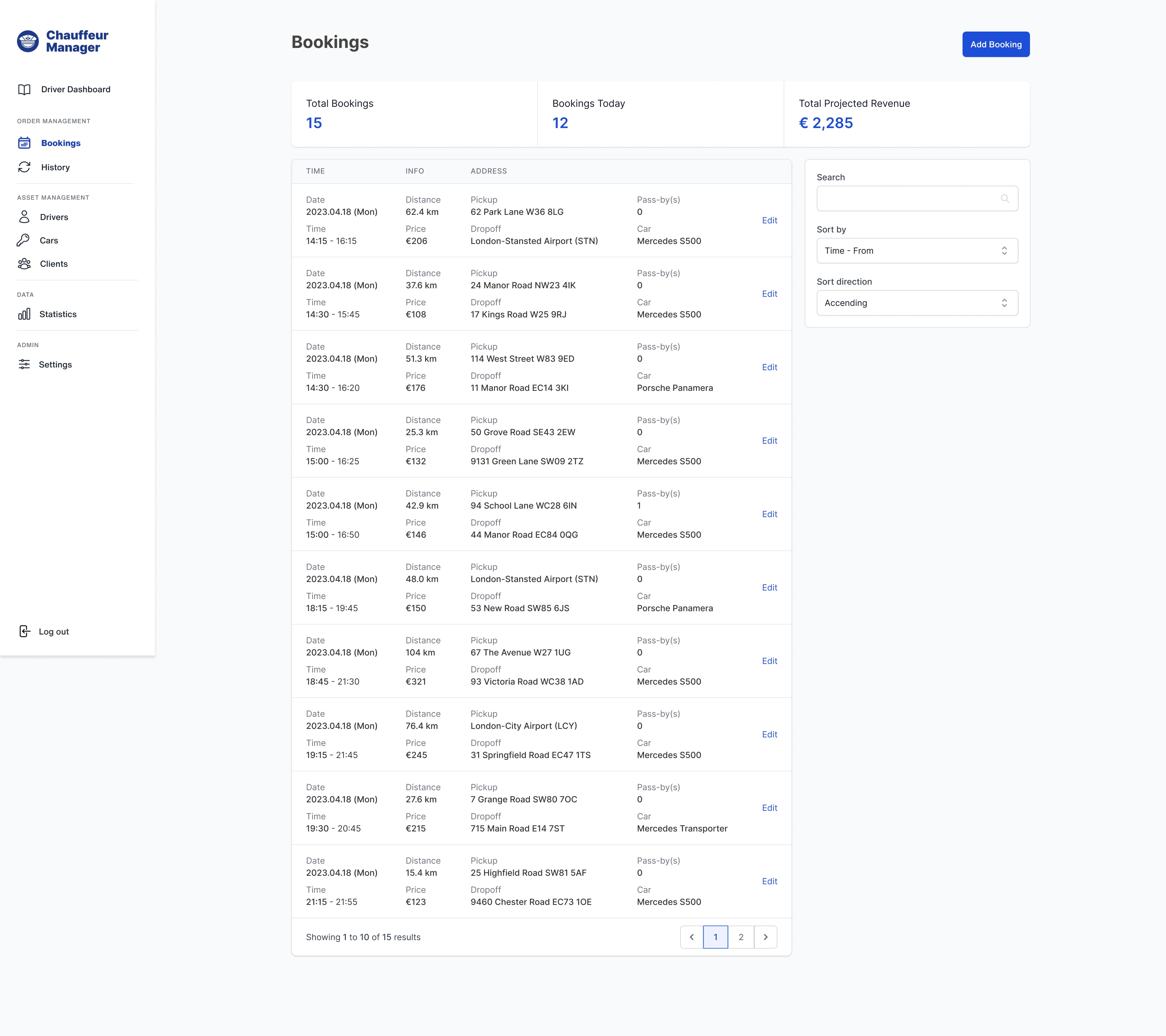 Bookings view